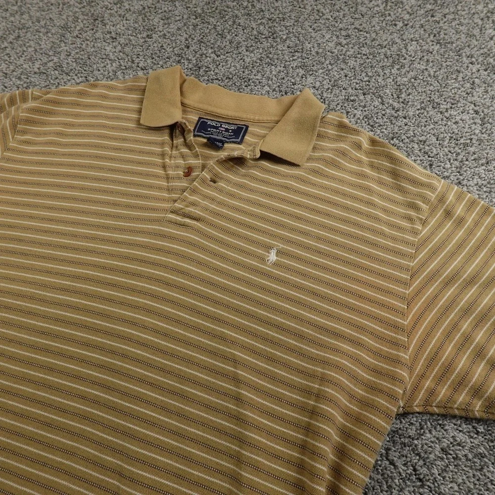 VTG Ralph Lauren Polo Shirt Mens‎ XL Beige Brown Stripe Sportsman Short Sleeve